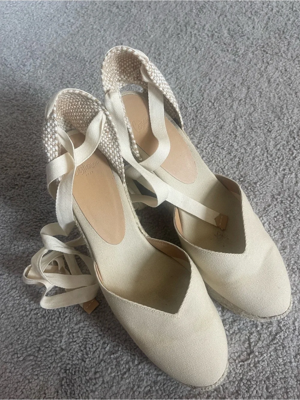 Castaner Cream Canvas Espadrille Wedge Sandals with Ankle Ties